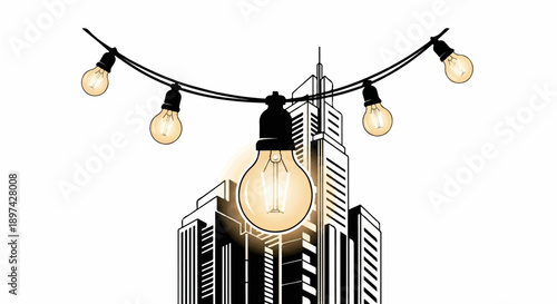Illuminated string lights hang above a stylized cityscape, with a central bulb glowing brightly