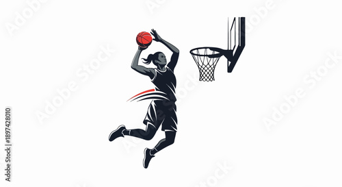 Female athlete leaps to dunk a basketball towards a hoop