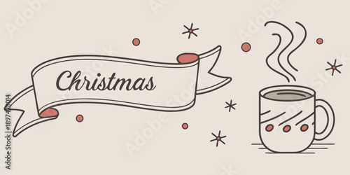 Cozy Christmas Banner & Festive Mug Illustration – Minimal Holiday Design with Stars, Warm Beverage Art and Seasonal Decorative Elements