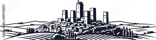 Stylized silhouette of a medieval town with tall towers, nestled in rolling hills with vineyards