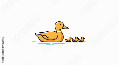 A mother duck leads three ducklings across calm water