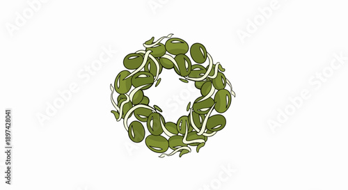 A circular arrangement of green sprouts and seed pods