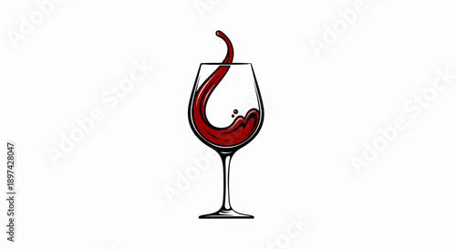 Stylized illustration of a wine glass with deep red liquid splashing upwards
