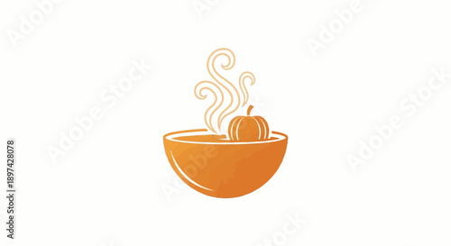 A stylized illustration of a pumpkin floating in a bowl of steaming soup, evoking autumn warmth