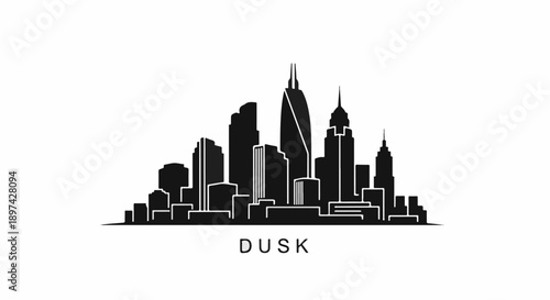 A black silhouette of a modern city skyline against a white background, d "DUSK