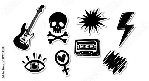 Black and white graphic stickers featuring music skulls and rebellious symbols