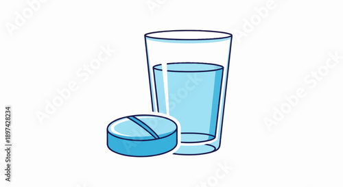A blue pill with a dividing line rests beside a tall glass of clear liquid