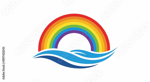 A vibrant rainbow arcs over stylized blue waves, symbolizing hope and tranquility