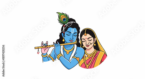 A blue-skinned figure plays a flute next to a woman with closed eyes