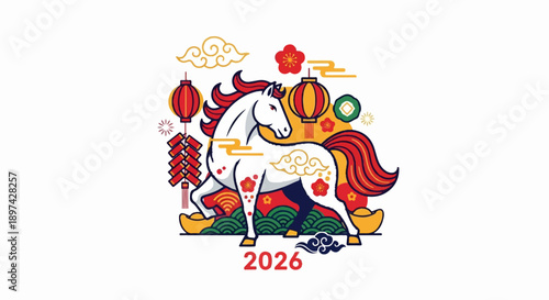 Festive white horse adorned with floral motifs, surrounded by lanterns, firecrackers, and gold ingots
