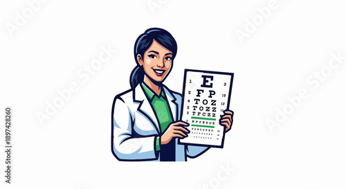 A cartoon optician smiles while holding up an eye chart