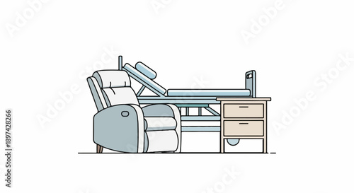 A recliner, adjustable bed, and bedside table are shown