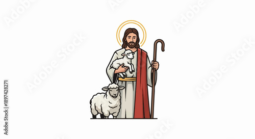 A bearded figure in robes holds a lamb and a staff, with another lamb beside him