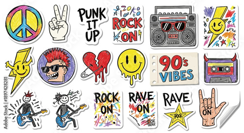 Colorful sticker collection featuring 80s and 90s pop culture imagery