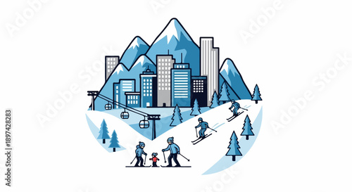 Mountain cityscape with skiers and cable cars in a winter wonderland