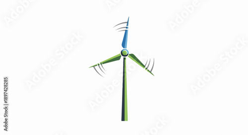 Stylized depiction of a wind turbine with green and blue blades on a white background