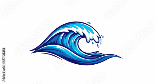 A stylized blue wave curls and crests with white foam