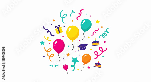 Bright celebration elements balloons, cakes, gifts, graduation cap, confetti, and streamers
