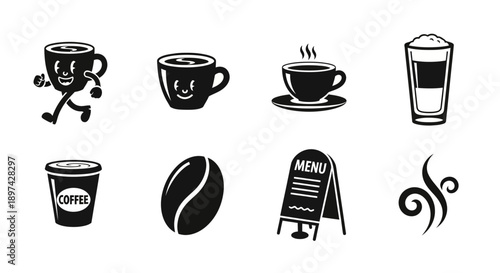 Black and white illustration of various coffee elements and symbols