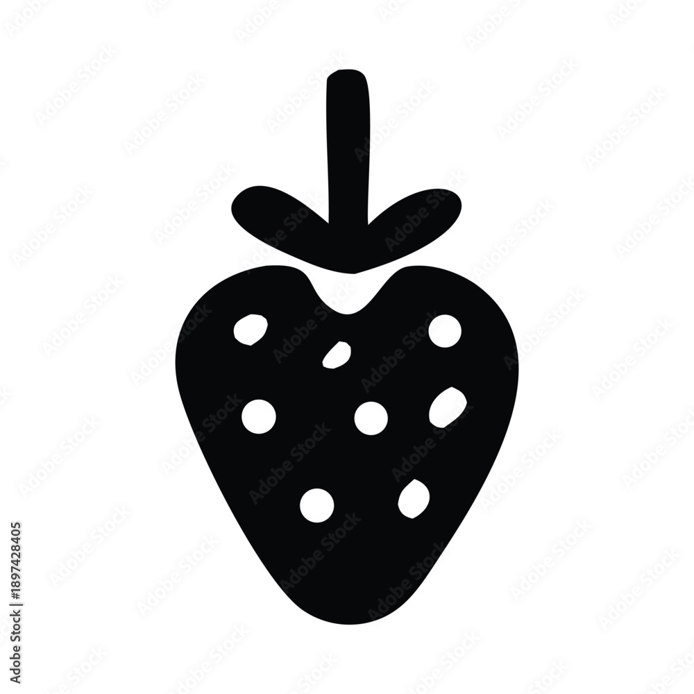 Fototapeta premium A simple, bold black and white icon depicting a stylized strawberry with its characteristic seeds and stem, perfect for culinary or design projects