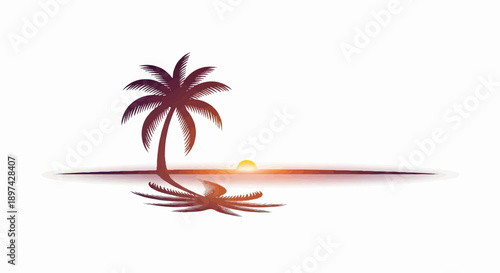 Silhouette of a palm tree and its reflection against a vibrant sunset over the ocean