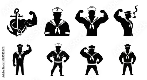 Vintage nautical themed illustrations of muscular sailors and maritime symbols