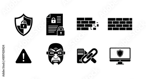 Cybersecurity icons depicting protection threats and data security measures