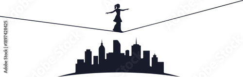 Silhouette of a person balancing on a tightrope above a city skyline