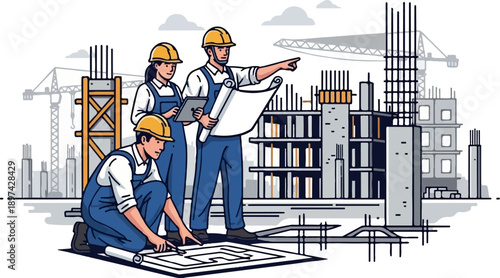 Construction workers in hard hats consult blueprints and tablet at building site