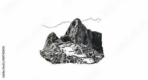 Ancient stone city nestled high in a mountain range with green vegetation and a clear sky