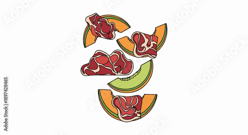 Sliced cantaloupe with cured ham slices arranged artfully in a vertical composition