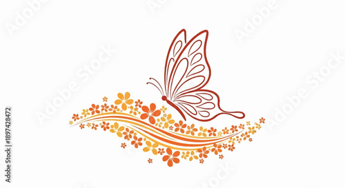 Stylized red butterfly flies over wavy, floral, orange and yellow design