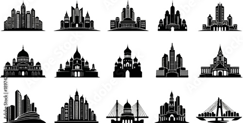 Collection of black and white city skylines and architectural structures