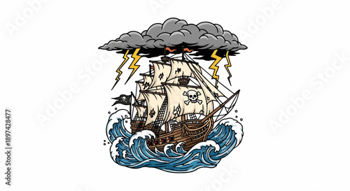 Pirate ship sails through rough seas under a stormy, lightning-filled sky
