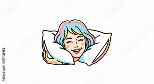 A cheerful woman with colorful hair rests her head on pillows, eyes closed