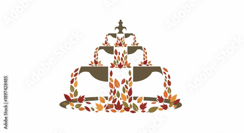 A multi-tiered fountain adorned with colorful autumn leaves