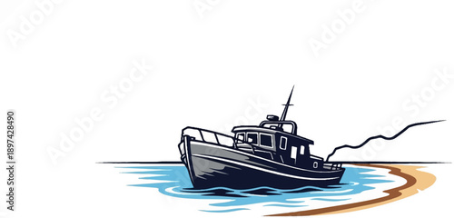 A dark-hulled vessel with a cabin floats in light blue water near a sandy shore