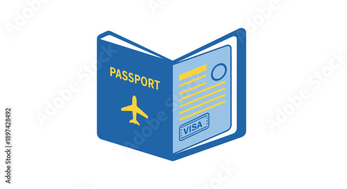 Isometric illustration of a blue passport with a visa and airplane