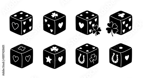 Black and white illustration of lucky dice with hearts clovers and stars