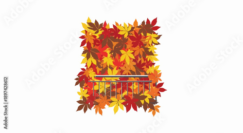 A dense pile of colorful autumn leaves covers a section of a railing