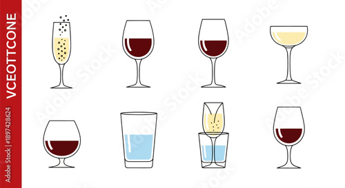 Flat design vector icons of diverse drinking glasses and beverages EPS10 Stock.eps