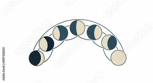 Stylized arc displaying phases of the moon with a speckled texture, against a white background