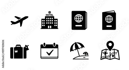 Travel icons depicting airplanes hotels passports and vacation essentials