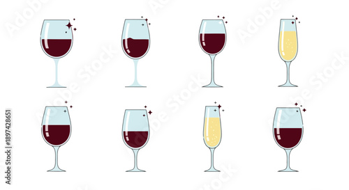 Flat Vector Illustration Set of Wine Glasses and Champagne Flutes with Sparkles EPS10 Stock.eps