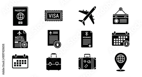 Travel icons depicting passports airplanes luggage and destination markers