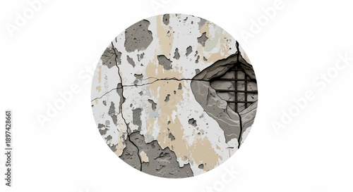 Circular depiction of a crumbling, weathered plaster wall with exposed rebar and cracks