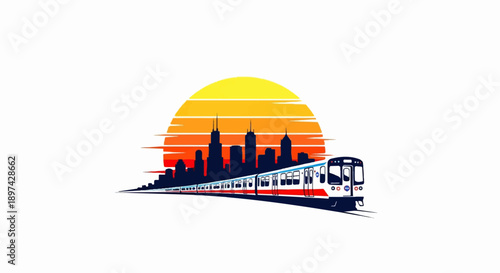 A vibrant sunset casts a warm glow over a city skyline as a commuter train speeds by