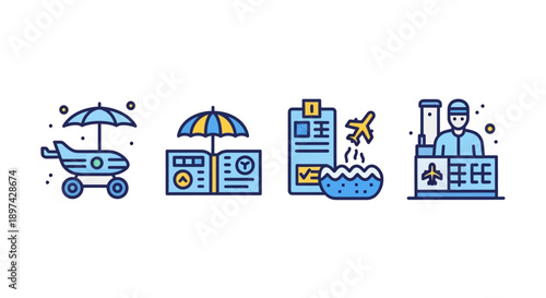 Colorful travel icons depicting vacation elements like planes and beaches