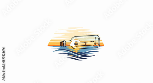 A glass bottle with a rolled message floats on ocean waves at sunset