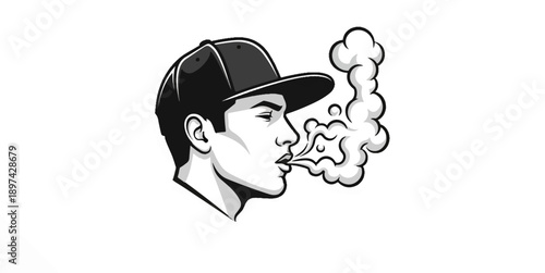 Stylized profile of a man in a cap exhaling a cloud of smoke